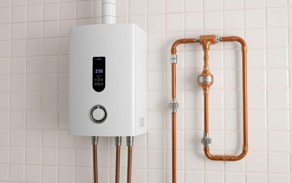 Tankless water heater mounted on a tiled wall