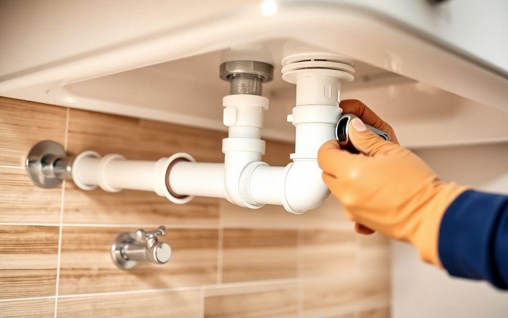 Plumber replacing PVC pipework under a kitchen sink