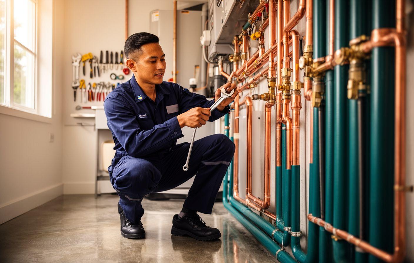 Hydroline plumber inspecting copper pipes in a residential utility room